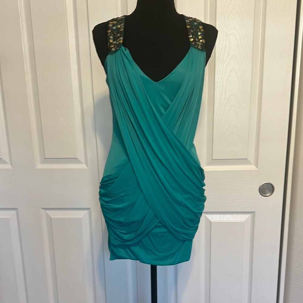 BCBGMaxAzria Teal Draped Mini Dress with Embellished Shoulders